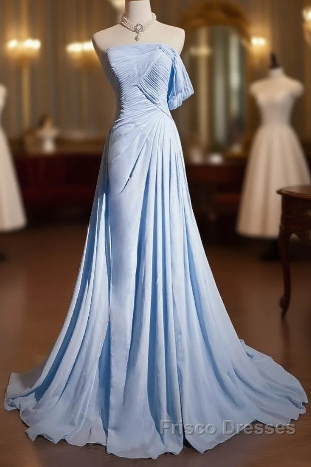 Gorgeous Blue A-Line Chiffon Pleated One Shoulder Slit Long Evening Gown Ball Gown Wedding Dress Main image