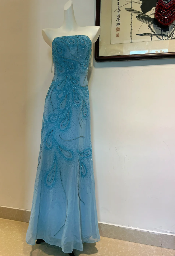 Gorgeous Blue A-Line Strapless Beaded Chiffon Long Prom Dress Evening Dress Secondary image