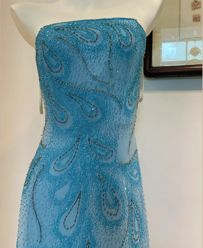 Gorgeous Blue A-Line Strapless Beaded Chiffon Long Prom Dress Evening Dress