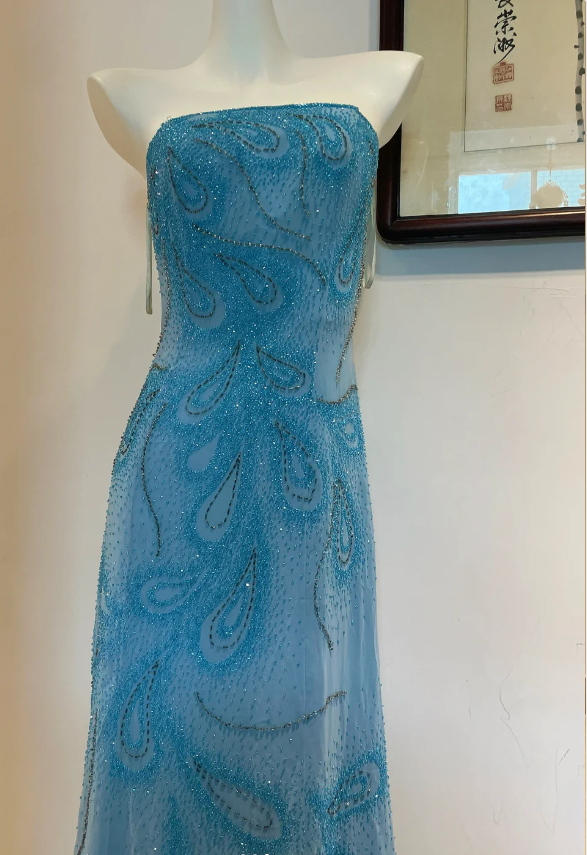 Gorgeous Blue A-Line Strapless Beaded Chiffon Long Prom Dress Evening Dress