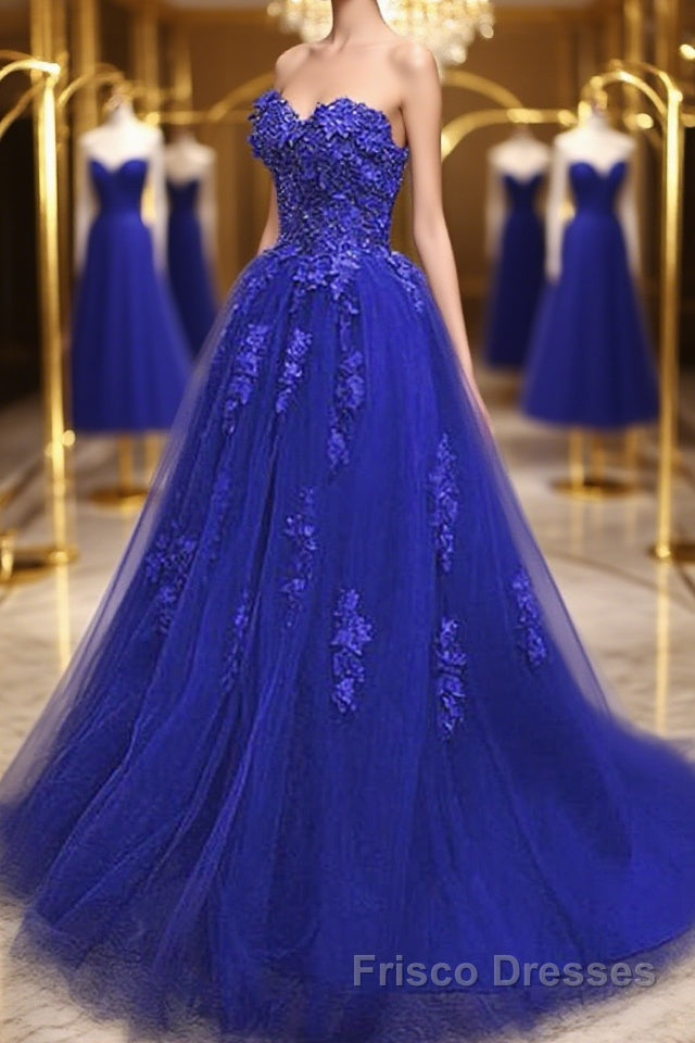 Gorgeous Blue Lace Floral Long Formal Prom Dresses, Blue Appliques Formal Evening Dresses, Blue Ball Gown