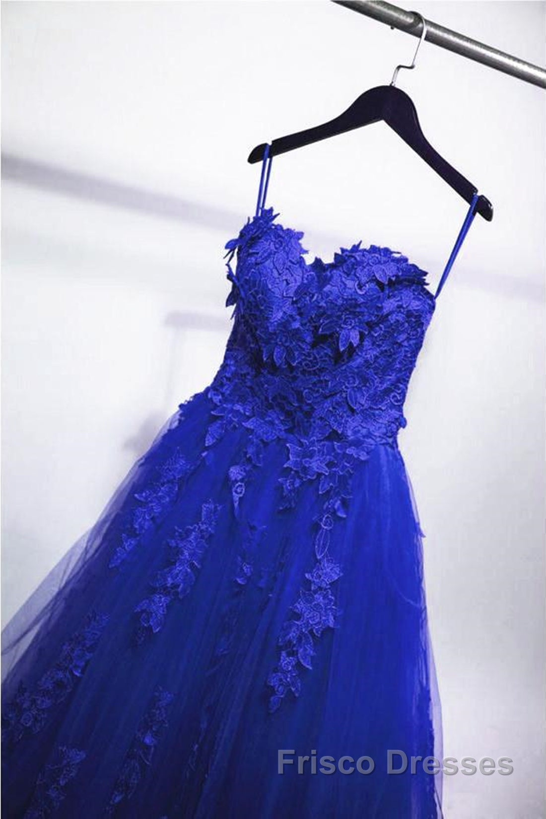 Gorgeous Blue Lace Floral Long Formal Prom Dresses, Blue Appliques Formal Evening Dresses, Blue Ball Gown