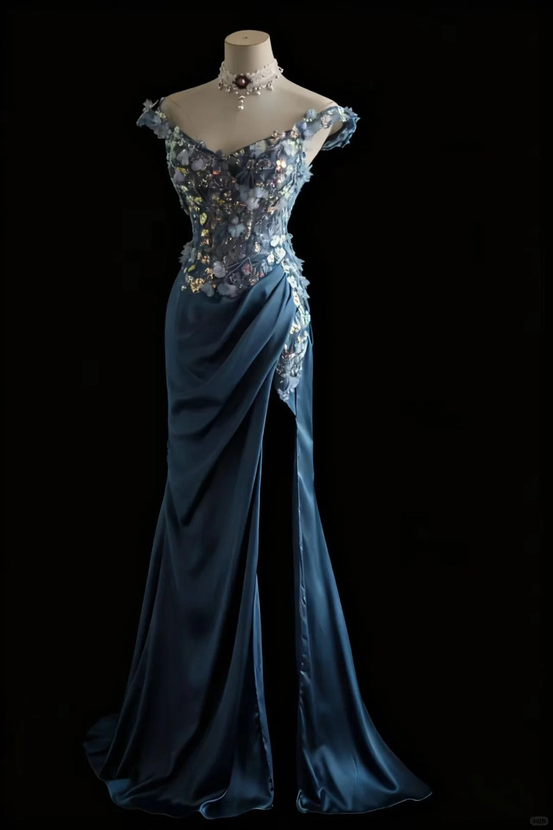 Gorgeous Blue Off-Shoulder Sequined 3D Floral Satin Long Prom Dress Evening Dress Secondary image