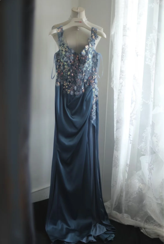 Gorgeous Blue Off-Shoulder Sequined 3D Floral Satin Long Prom Dress Evening Dress