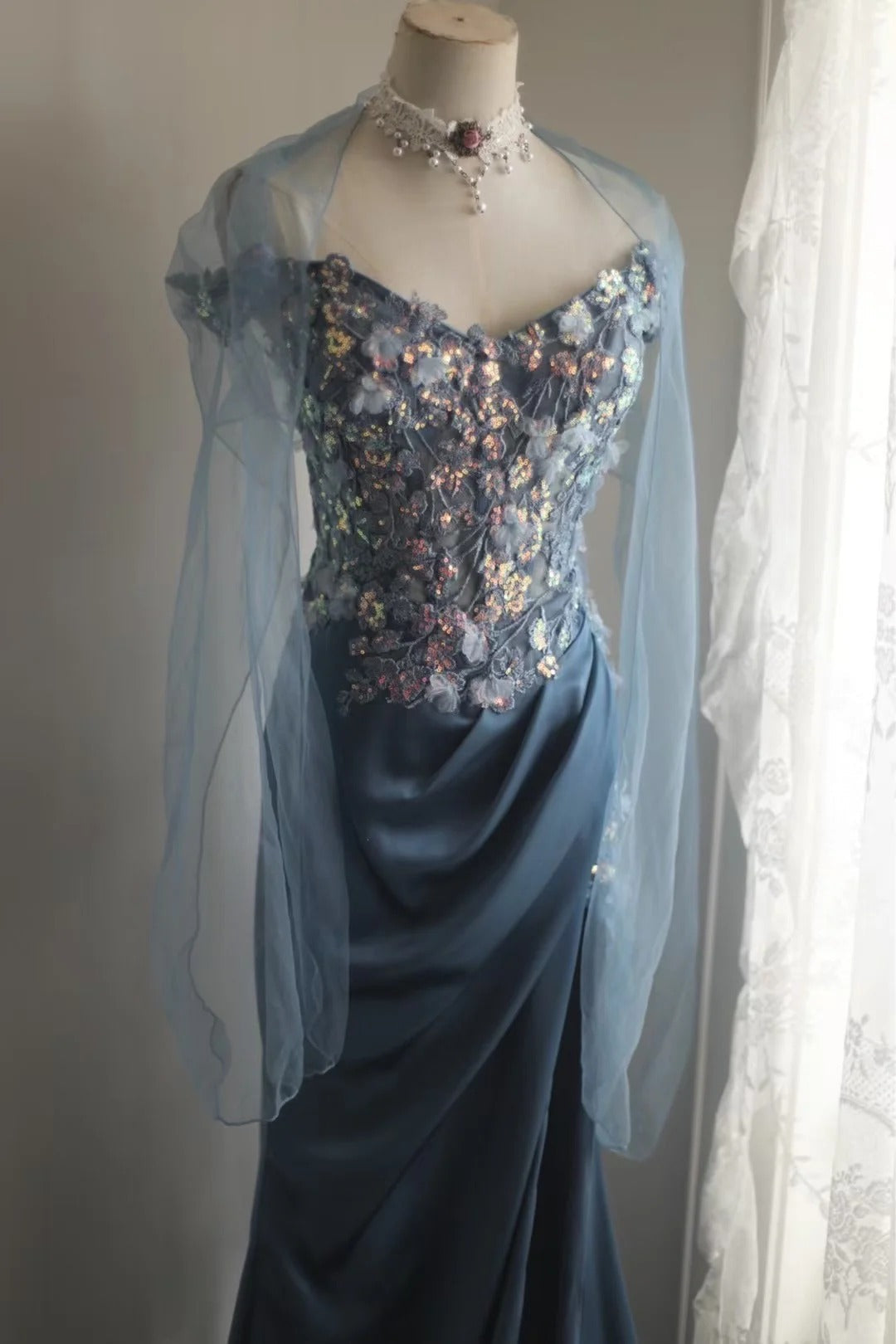 Gorgeous Blue Off-Shoulder Sequined 3D Floral Satin Long Prom Dress Evening Dress