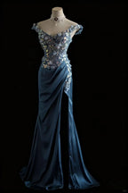 Gorgeous Blue Off-Shoulder Sequined 3D Floral Satin Long Prom Dress Evening Dress