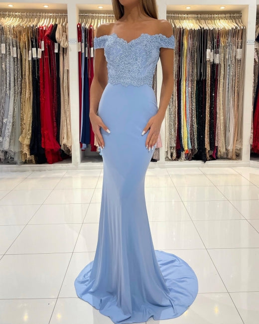 Gorgeous Blue Off-The-Shoulder Mermaid Prom Dresses With Lace