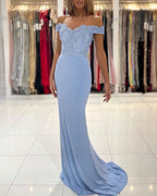 Gorgeous Blue Off-The-Shoulder Mermaid Prom Dresses With Lace