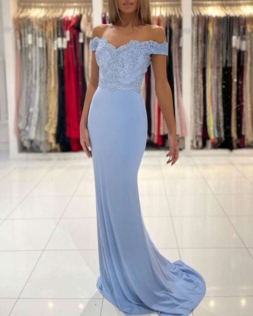 Gorgeous Blue Off-The-Shoulder Mermaid Prom Dresses With Lace