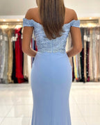 Gorgeous Blue Off-The-Shoulder Mermaid Prom Dresses With Lace