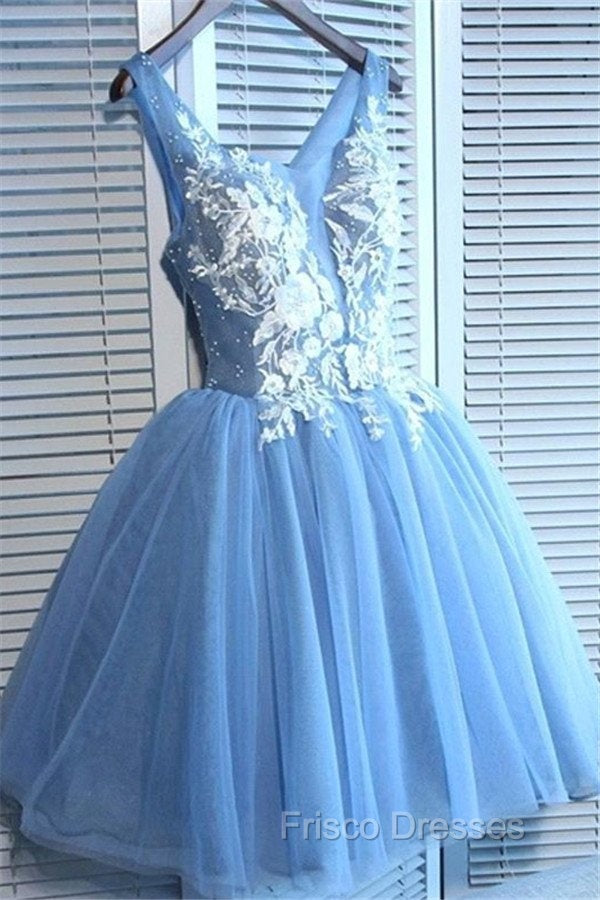 Gorgeous Blue Short Homecoming Dress V-Neck Lace-Up Hoco Dress