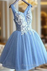 Gorgeous Blue Short Homecoming Dress V-Neck Lace-Up Hoco Dress