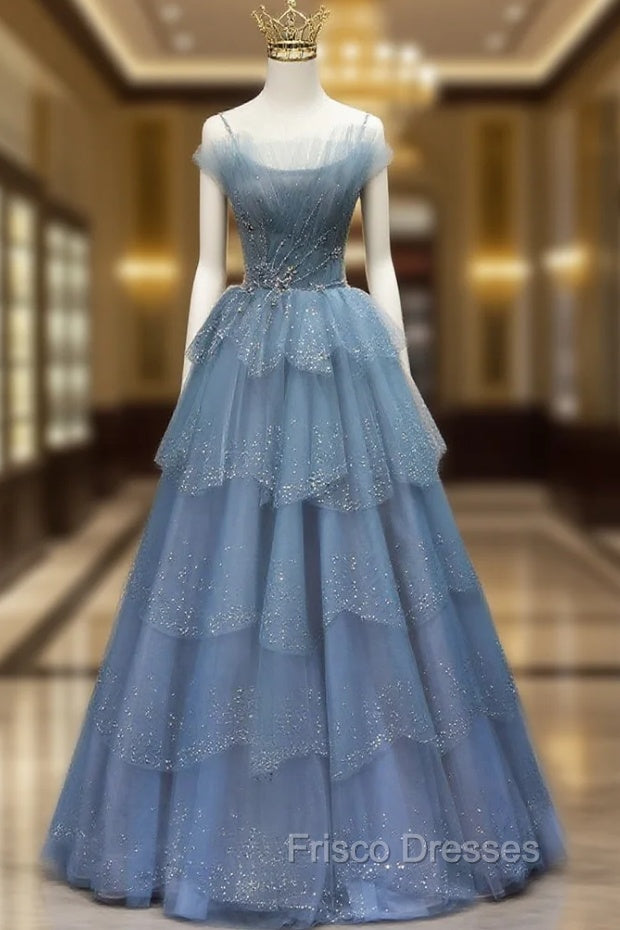 Gorgeous Blue Tulle Layers Beaded Long Wedding Party Dress, Blue Formal Gown Secondary image
