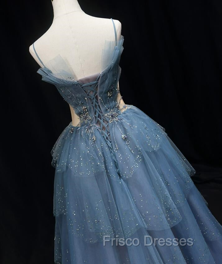 Gorgeous Blue Tulle Layers Beaded Long Wedding Party Dress, Blue Formal Gown