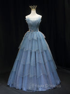 Gorgeous Blue Tulle Layers Beaded Long Wedding Party Dress, Blue Formal Gown