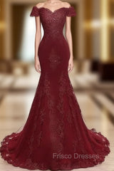 Gorgeous Burgundy Formal Prom Party Gowns| Mermaid Lace Evening Gowns