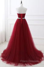 Gorgeous Burgundy Sweetheart Long Formal Prom Dress Tulle Crystal Evening Gown