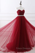 Gorgeous Burgundy Sweetheart Long Formal Prom Dress Tulle Crystal Evening Gown