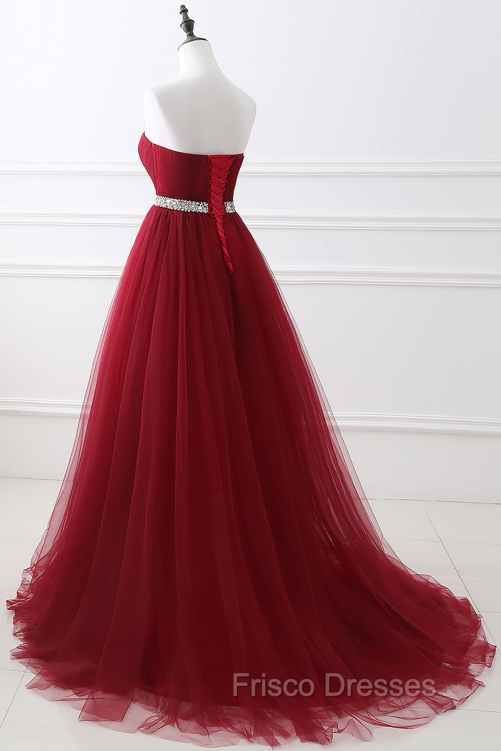 Gorgeous Burgundy Sweetheart Long Formal Prom Dress Tulle Crystal Evening Gown