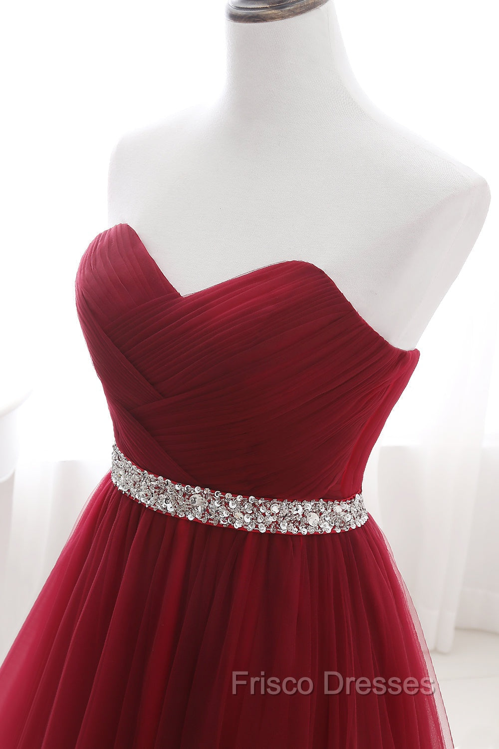 Gorgeous Burgundy Sweetheart Long Formal Prom Dress Tulle Crystal Evening Gown