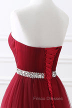 Gorgeous Burgundy Sweetheart Long Formal Prom Dress Tulle Crystal Evening Gown