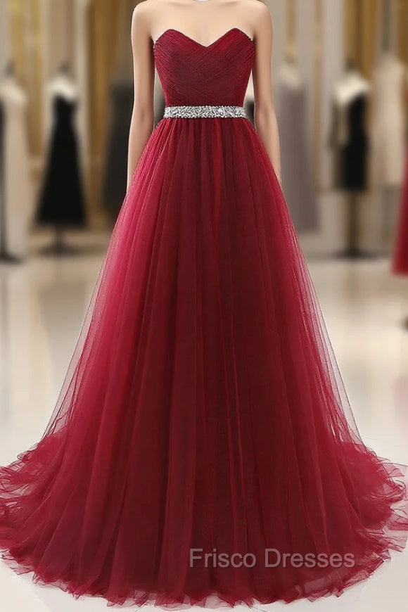 Gorgeous Burgundy Sweetheart Long Formal Prom Dress Tulle Crystal Evening Gown Main image