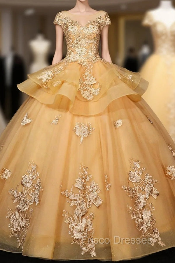 Gorgeous Champagne Ball Gown Sweet 16 Gown with Lace, Flowers Lace Formal Dress