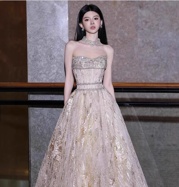 Gorgeous Champagne Gold Strapless A-Line Beaded Tulle Long Prom Dress Evening Dress Secondary image