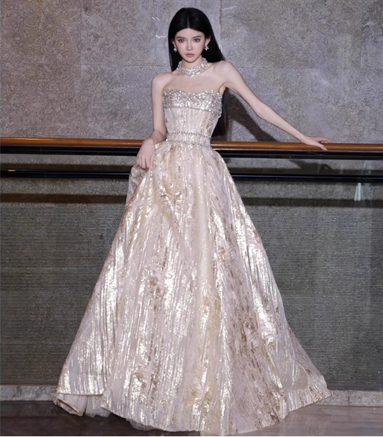 Gorgeous Champagne Gold Strapless A-Line Beaded Tulle Long Prom Dress Evening Dress Main image