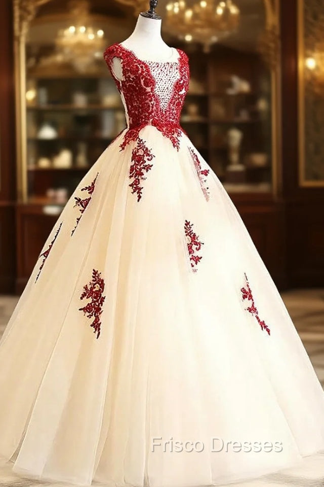 Gorgeous Champagne Tulle Long Sweet 16 Dress with Red Lace, Formal Gown Secondary image