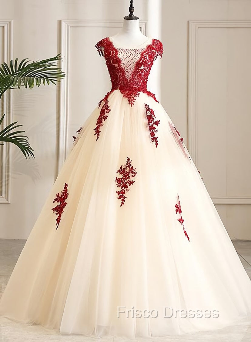 Gorgeous Champagne Tulle Long Sweet 16 Dress with Red Lace, Formal Gown Main image