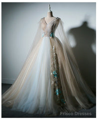 Gorgeous Champagne Tulle V-Neckline Sweet 16 Dress, Quinceanera Dress