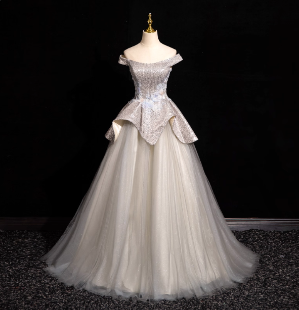 Gorgeous Court Silver-White One-Shoulder Sequin Tulle Long Ball Gown Evening Dress Sweet 16 Dress