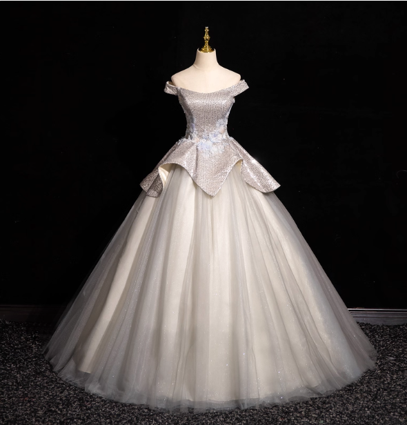 Gorgeous Court Silver-White One-Shoulder Sequin Tulle Long Ball Gown Evening Dress Sweet 16 Dress