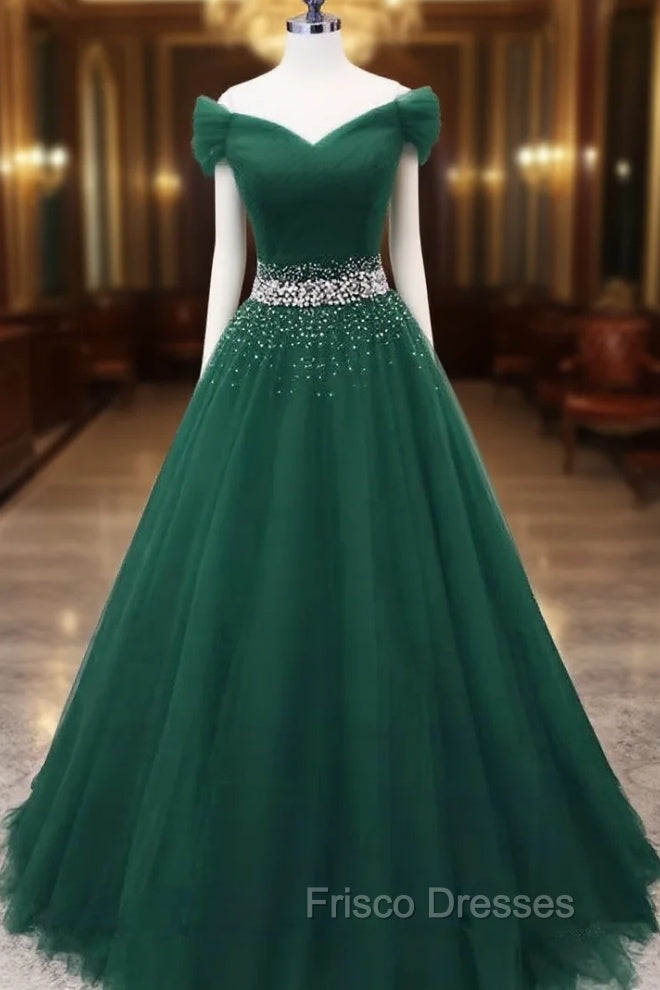 Gorgeous Dark Green Tulle Off Shoulder Long Party Dress, Formal Prom Gown