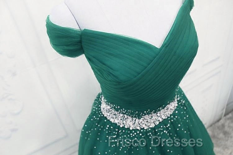 Gorgeous Dark Green Tulle Off Shoulder Long Party Dress, Formal Prom Gown