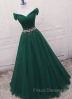 Gorgeous Dark Green Tulle Off Shoulder Long Party Dress, Formal Prom Gown