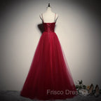 Gorgeous Dark Red Straps Tulle Long Party Dress, A-line Formal Dress