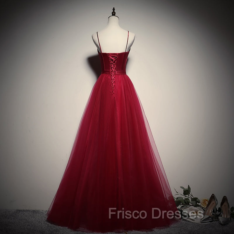 Gorgeous Dark Red Straps Tulle Long Party Dress, A-line Formal Dress