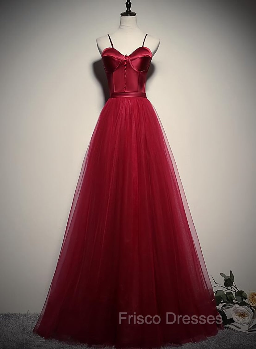 Gorgeous Dark Red Straps Tulle Long Party Dress, A-line Formal Dress Main image