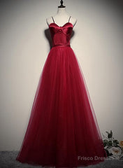 Gorgeous Dark Red Straps Tulle Long Party Dress, A-line Formal Dress