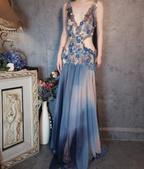 Gorgeous Gradient Blue 3D Floral Openwork Chiffon Long Prom Dress Evening Dress