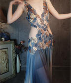 Gorgeous Gradient Blue 3D Floral Openwork Chiffon Long Prom Dress Evening Dress