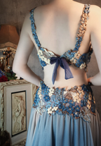 Gorgeous Gradient Blue 3D Floral Openwork Chiffon Long Prom Dress Evening Dress