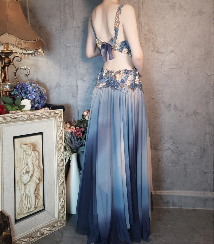 Gorgeous Gradient Blue 3D Floral Openwork Chiffon Long Prom Dress Evening Dress