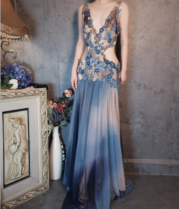 Gorgeous Gradient Blue 3D Floral Openwork Chiffon Long Prom Dress Evening Dress