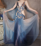 Gorgeous Gradient Blue 3D Floral Openwork Chiffon Long Prom Dress Evening Dress