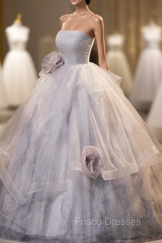 Gorgeous Gray Tulle Long Formal Dress, Gray Strapless Evening Dress