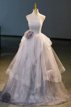 Gorgeous Gray Tulle Long Formal Dress, Gray Strapless Evening Dress