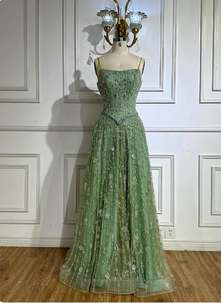 Gorgeous Green A-Line Square Neck Spaghetti Strap Beaded Embroidered Tulle Long Prom Dress Evening Dress